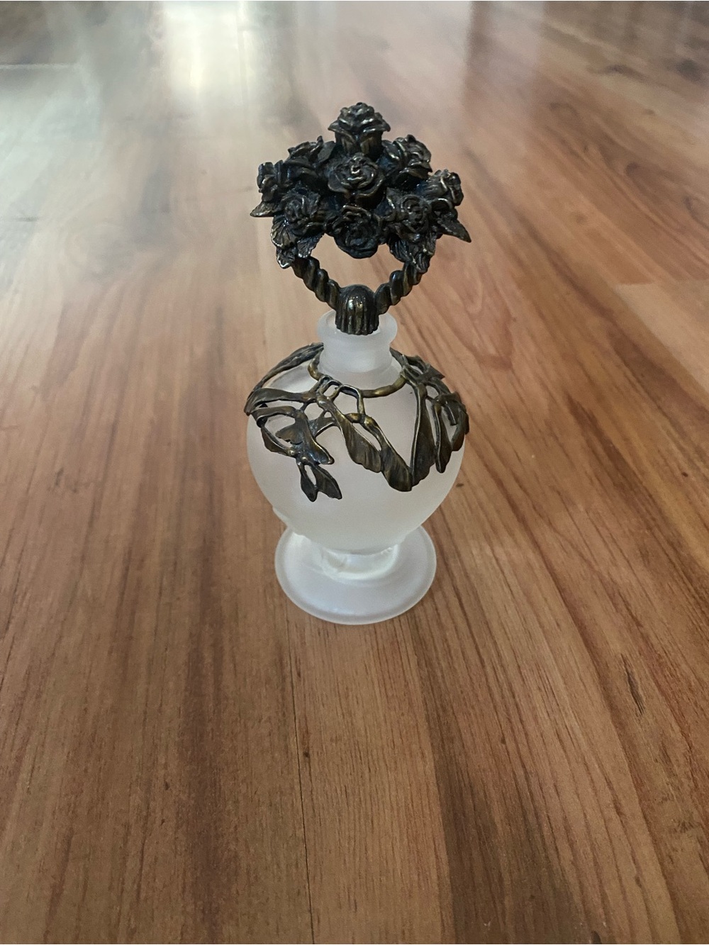 Vintage Frosted Glass Perfume Bottle with Floral Basket Metal Accent